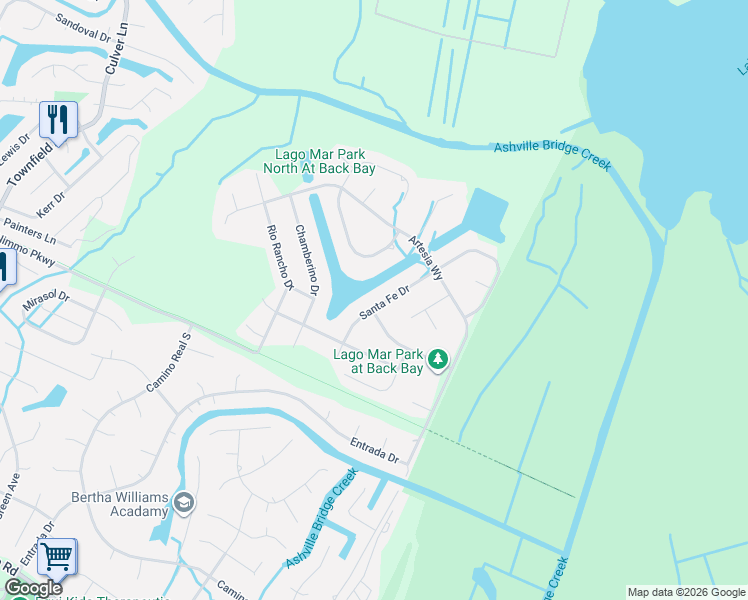 map of restaurants, bars, coffee shops, grocery stores, and more near 2329 Santa Fe Drive in Virginia Beach