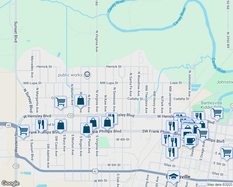 map of restaurants, bars, coffee shops, grocery stores, and more near 206 North Seminole Avenue in Bartlesville