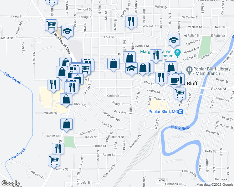 map of restaurants, bars, coffee shops, grocery stores, and more near 849 Cedar Street in Poplar Bluff