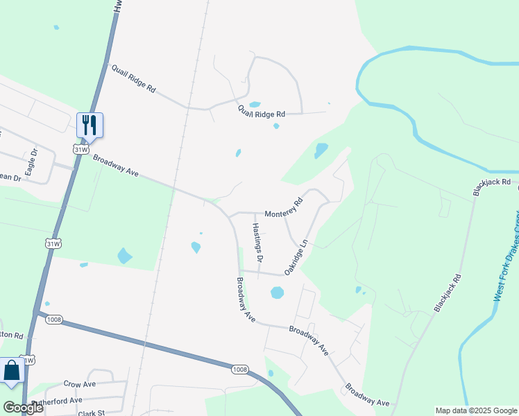 map of restaurants, bars, coffee shops, grocery stores, and more near 202 Monterey Road in Franklin