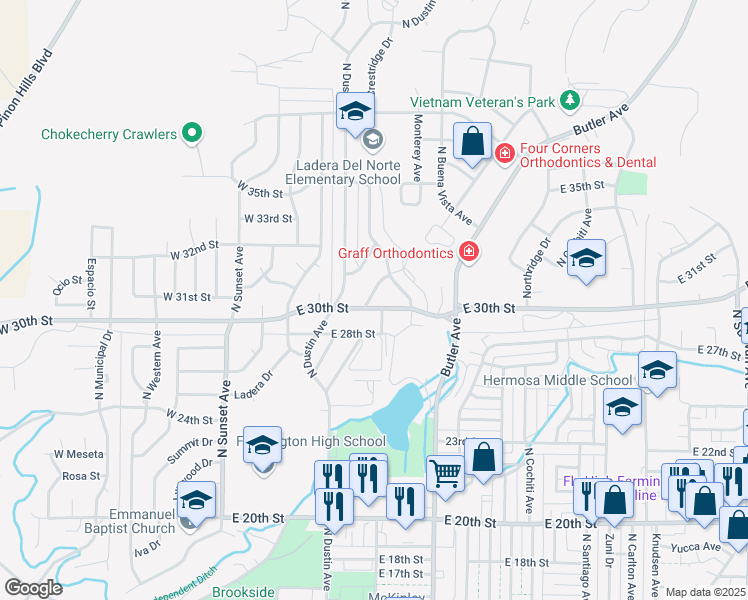 map of restaurants, bars, coffee shops, grocery stores, and more near 401 San Medina Avenue in Farmington