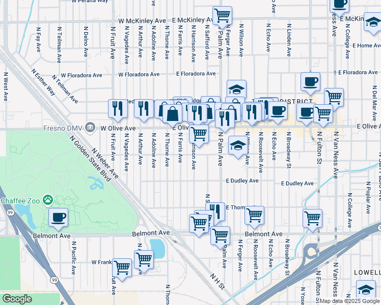 map of restaurants, bars, coffee shops, grocery stores, and more near 1007 North Harrison Avenue in Fresno