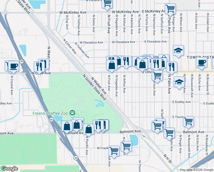 map of restaurants, bars, coffee shops, grocery stores, and more near 1016 North Carruth Avenue in Fresno
