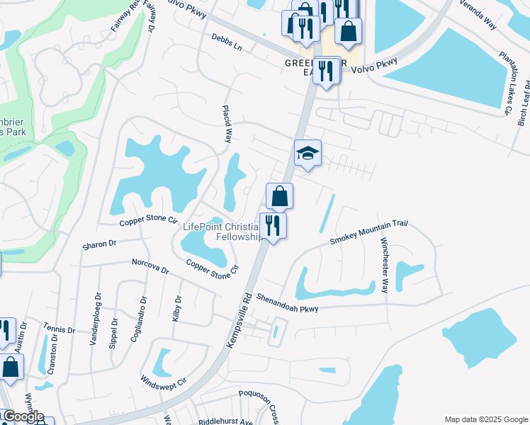 map of restaurants, bars, coffee shops, grocery stores, and more near 804 Adams Court in Chesapeake