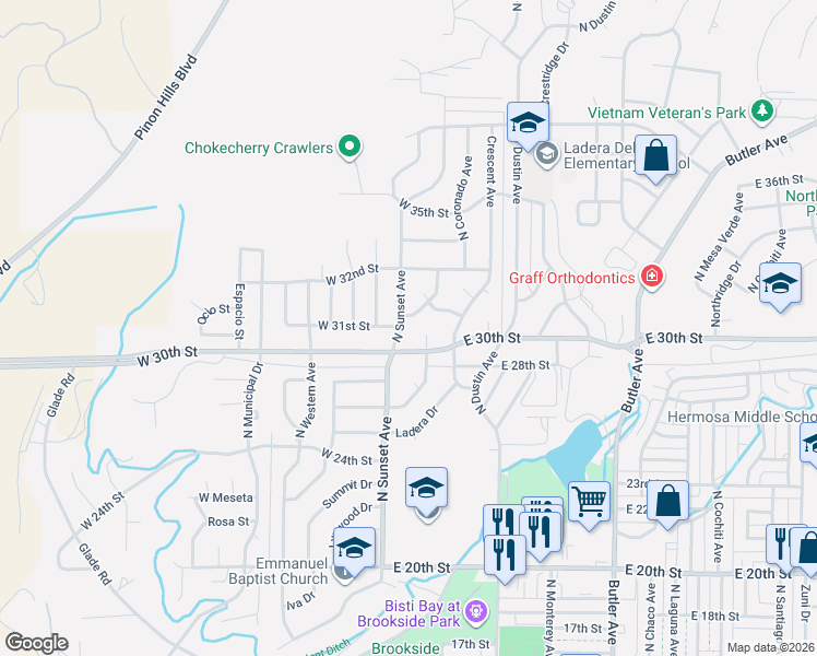 map of restaurants, bars, coffee shops, grocery stores, and more near 3005 Northwood Circle in Farmington