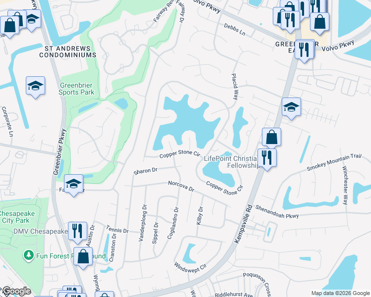 map of restaurants, bars, coffee shops, grocery stores, and more near 810 Copper Stone Circle in Chesapeake