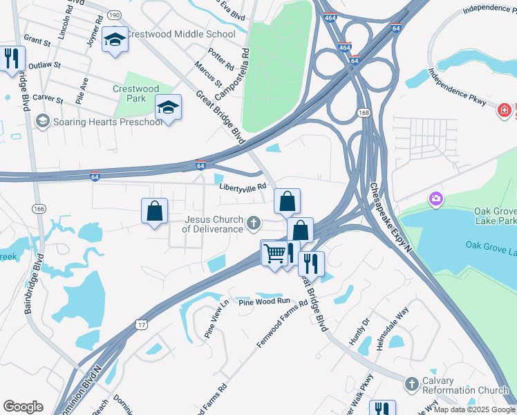 map of restaurants, bars, coffee shops, grocery stores, and more near 809 Westcove Lane in Chesapeake