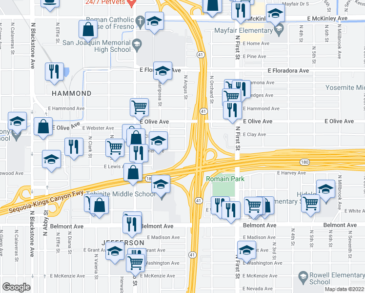 map of restaurants, bars, coffee shops, grocery stores, and more near 1015 North Angus Street in Fresno