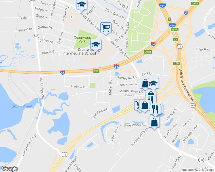 map of restaurants, bars, coffee shops, grocery stores, and more near 809 Mullen Road in Chesapeake