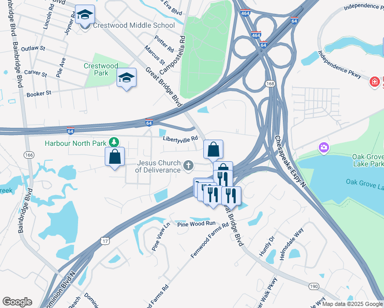 map of restaurants, bars, coffee shops, grocery stores, and more near 809 Westcove Lane in Chesapeake