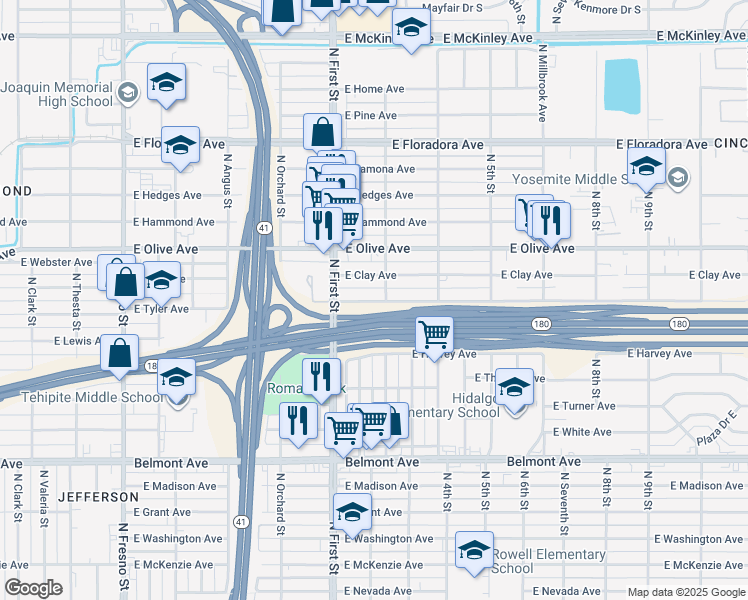 map of restaurants, bars, coffee shops, grocery stores, and more near 3223 East Tyler Avenue in Fresno