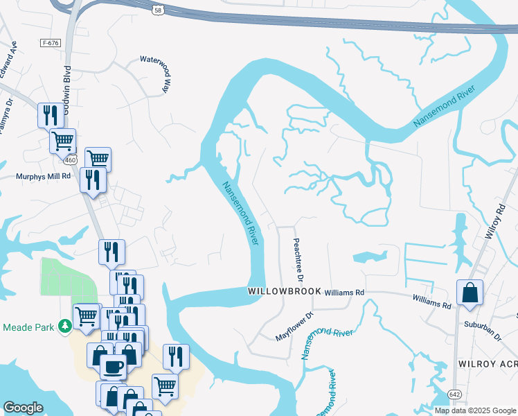map of restaurants, bars, coffee shops, grocery stores, and more near 1317 River Road in Suffolk