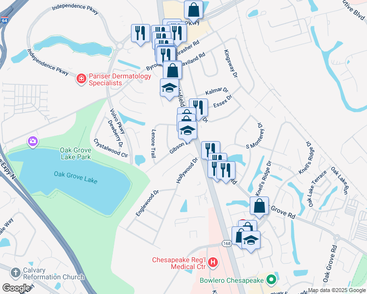 map of restaurants, bars, coffee shops, grocery stores, and more near 105 Gibson Drive in Chesapeake