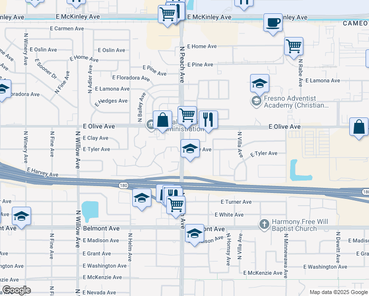 map of restaurants, bars, coffee shops, grocery stores, and more near 1006 North Peach Avenue in Fresno