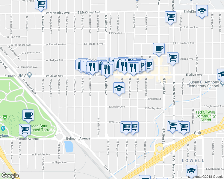map of restaurants, bars, coffee shops, grocery stores, and more near 1005 North Ferger Avenue in Fresno