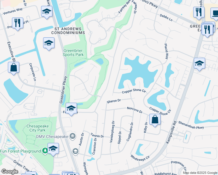 map of restaurants, bars, coffee shops, grocery stores, and more near 1123 Fairway Drive in Chesapeake