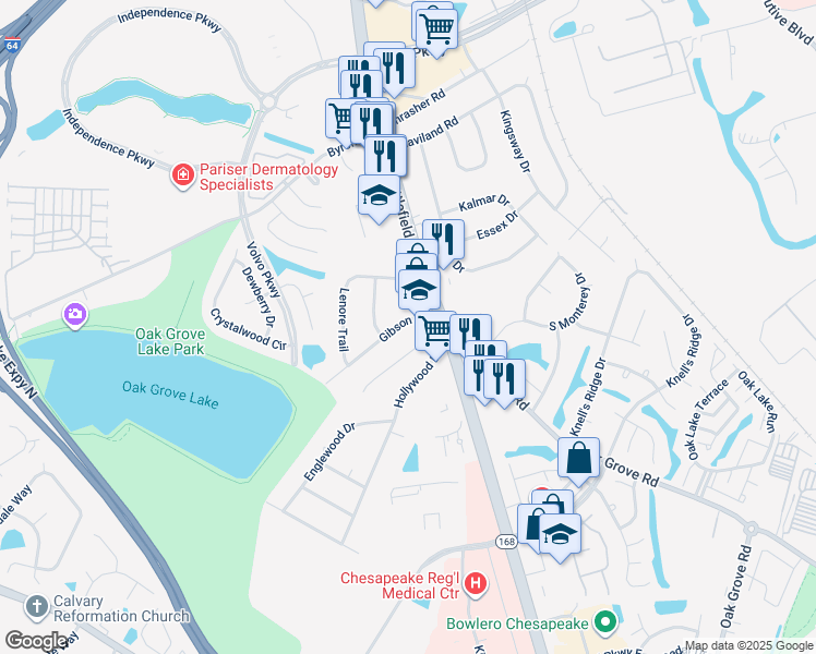 map of restaurants, bars, coffee shops, grocery stores, and more near 105 Gibson Drive in Chesapeake