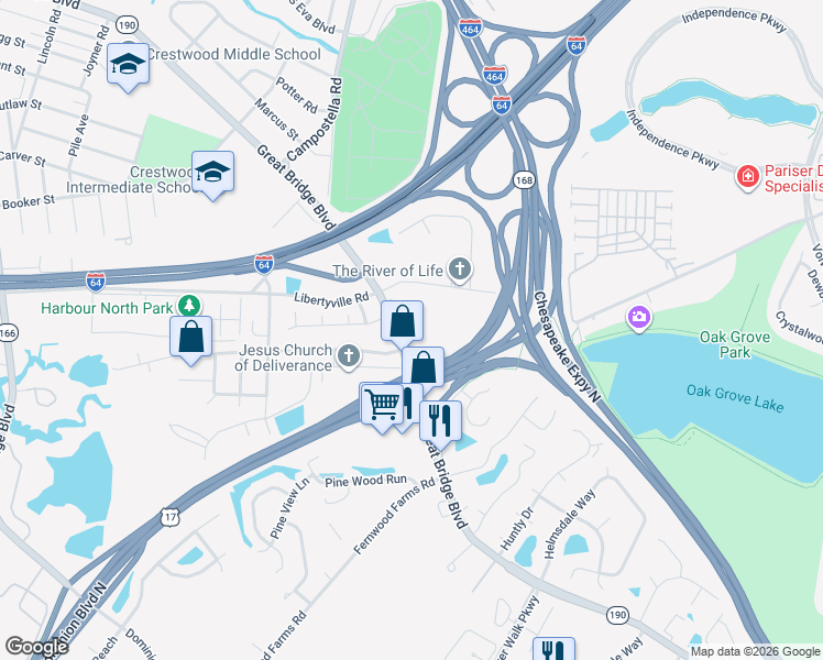 map of restaurants, bars, coffee shops, grocery stores, and more near 1021 U.S. 17 in Chesapeake