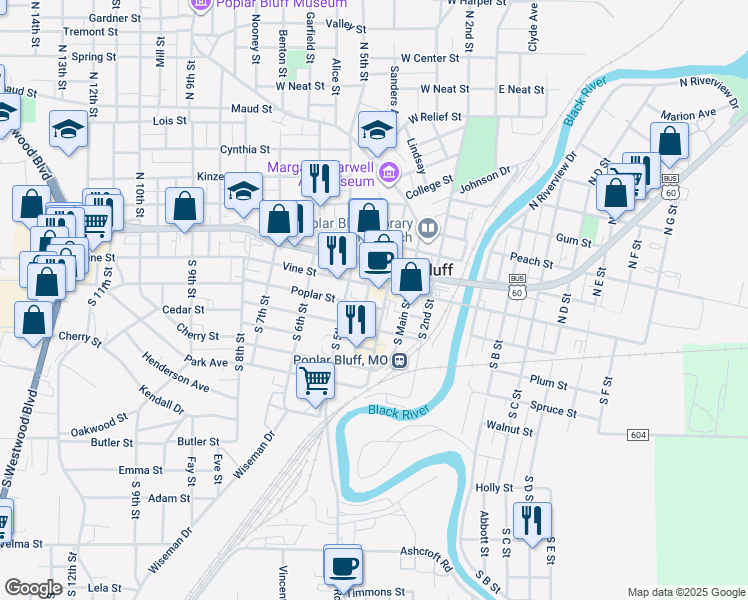 map of restaurants, bars, coffee shops, grocery stores, and more near 435 Poplar Street in Poplar Bluff