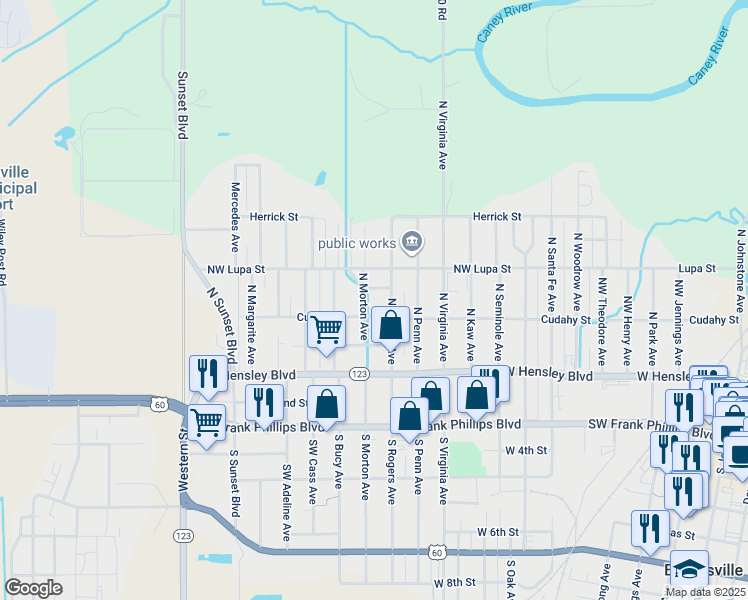 map of restaurants, bars, coffee shops, grocery stores, and more near 212 North Morton Avenue in Bartlesville