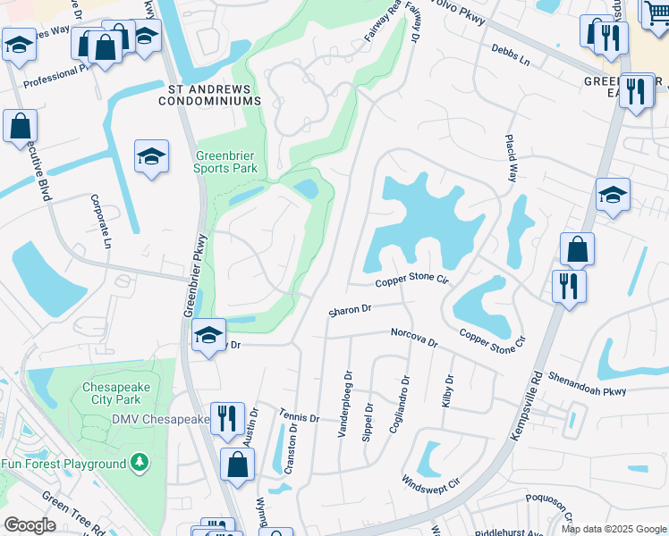map of restaurants, bars, coffee shops, grocery stores, and more near 1123 Fairway Drive in Chesapeake