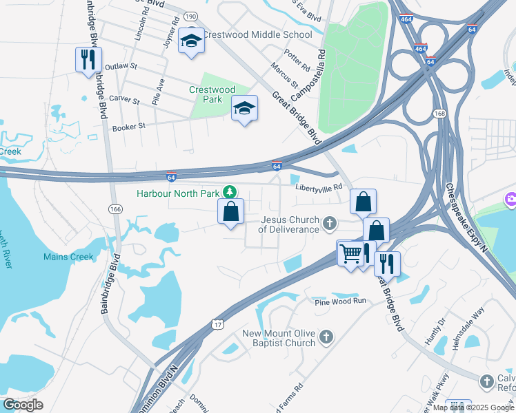map of restaurants, bars, coffee shops, grocery stores, and more near 809 Mullen Road in Chesapeake