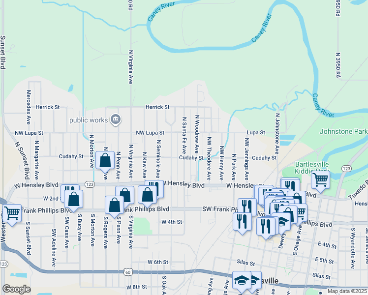 map of restaurants, bars, coffee shops, grocery stores, and more near 215 North Santa Fe Avenue in Bartlesville