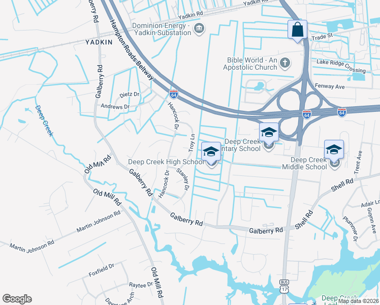 map of restaurants, bars, coffee shops, grocery stores, and more near 3216 Troy Lane in Chesapeake