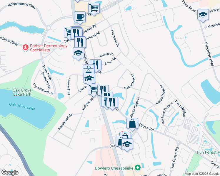 map of restaurants, bars, coffee shops, grocery stores, and more near 311 South Monterey Drive in Chesapeake