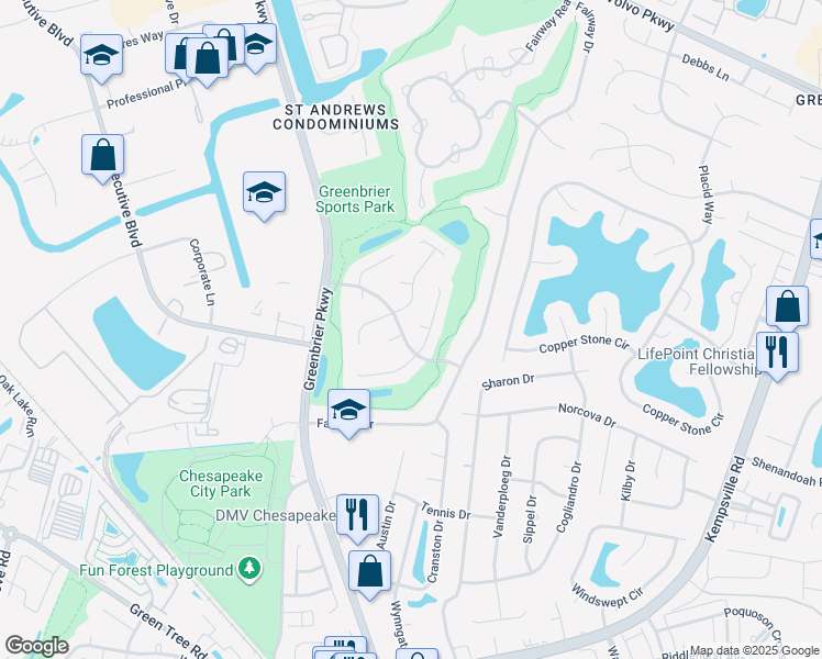 map of restaurants, bars, coffee shops, grocery stores, and more near 1101 Woodsmans Court in Chesapeake