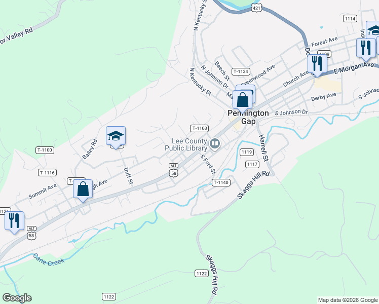 map of restaurants, bars, coffee shops, grocery stores, and more near 500-504 Morgan Alley in Pennington Gap
