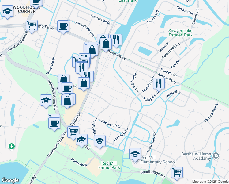 map of restaurants, bars, coffee shops, grocery stores, and more near 1937 Morgan Mill Way in Virginia Beach