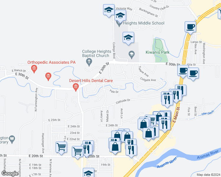 map of restaurants, bars, coffee shops, grocery stores, and more near 2908 Yale Drive in Farmington