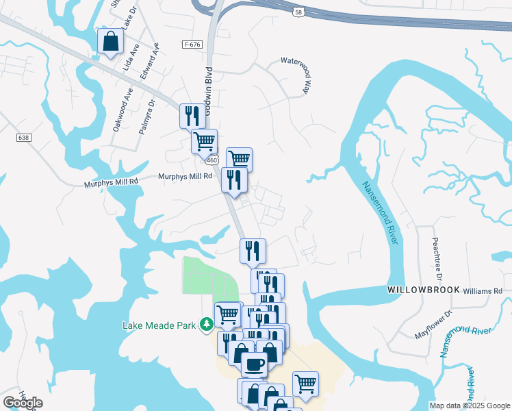 map of restaurants, bars, coffee shops, grocery stores, and more near 1910 North Main Street in Suffolk