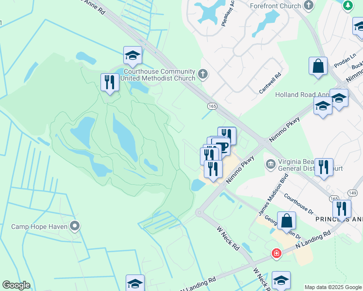 map of restaurants, bars, coffee shops, grocery stores, and more near 2593 Allie Nicole Circle in Virginia Beach