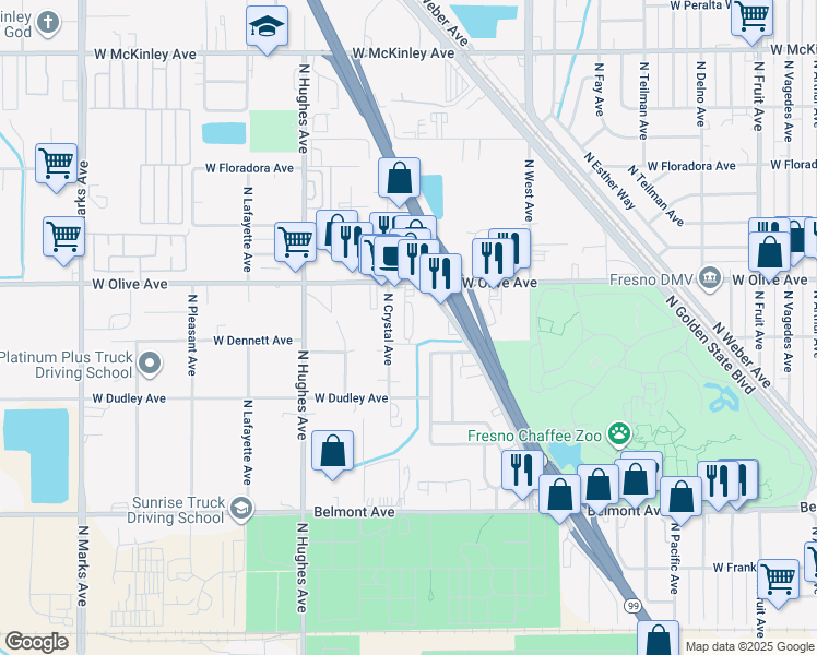 map of restaurants, bars, coffee shops, grocery stores, and more near 1719 West Olive Avenue in Fresno
