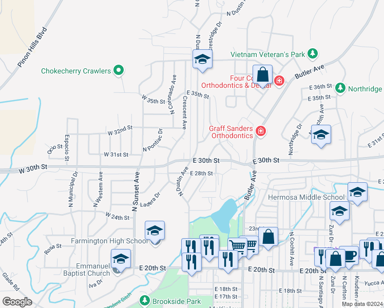 map of restaurants, bars, coffee shops, grocery stores, and more near 3001 North Dustin Avenue in Farmington