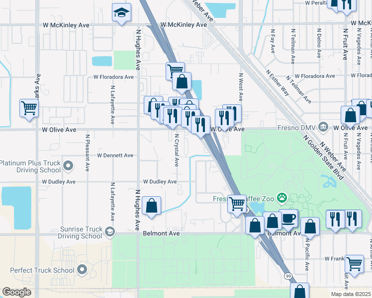 map of restaurants, bars, coffee shops, grocery stores, and more near 1719 West Olive Avenue in Fresno