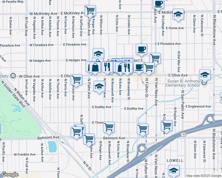 map of restaurants, bars, coffee shops, grocery stores, and more near 1009 North Roosevelt Avenue in Fresno
