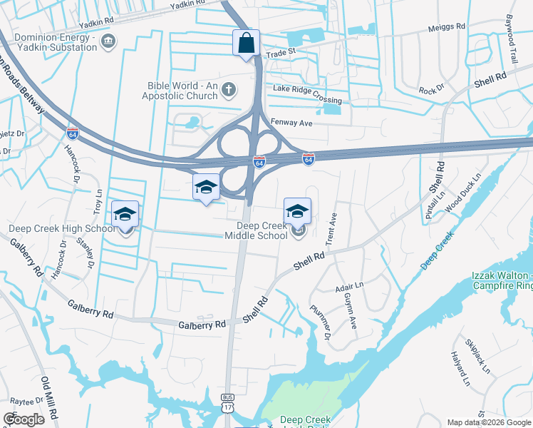map of restaurants, bars, coffee shops, grocery stores, and more near 2713 Bywood Avenue in Chesapeake