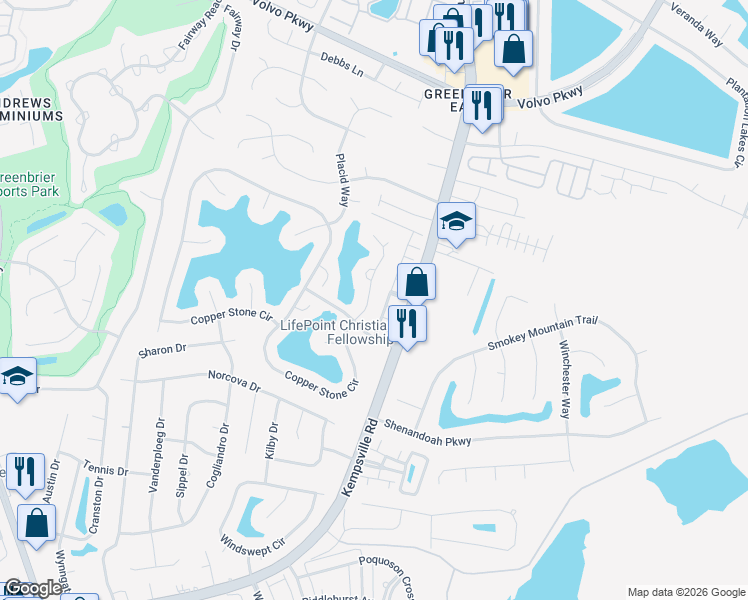 map of restaurants, bars, coffee shops, grocery stores, and more near 1126 Killington Arch in Chesapeake