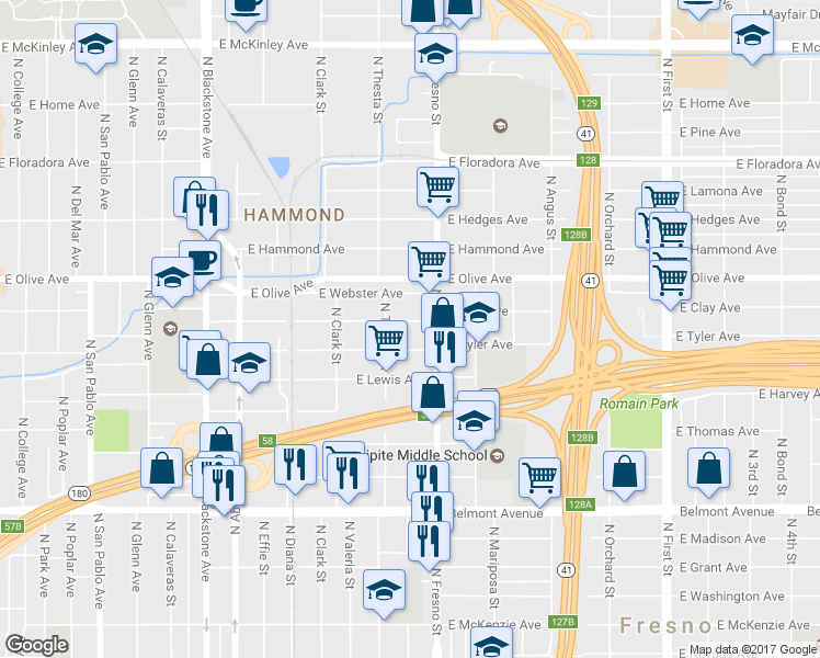 map of restaurants, bars, coffee shops, grocery stores, and more near 2340 E Clay Ave in Fresno