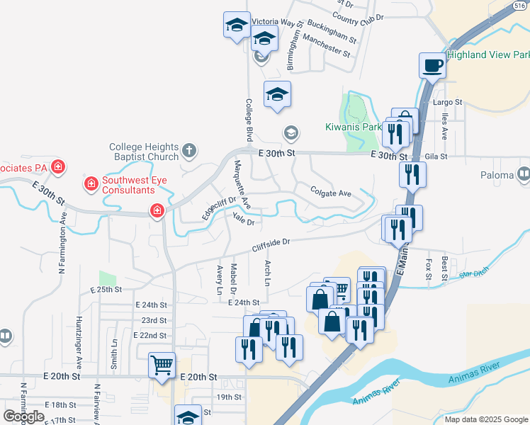 map of restaurants, bars, coffee shops, grocery stores, and more near 2803 Marquette Avenue in Farmington
