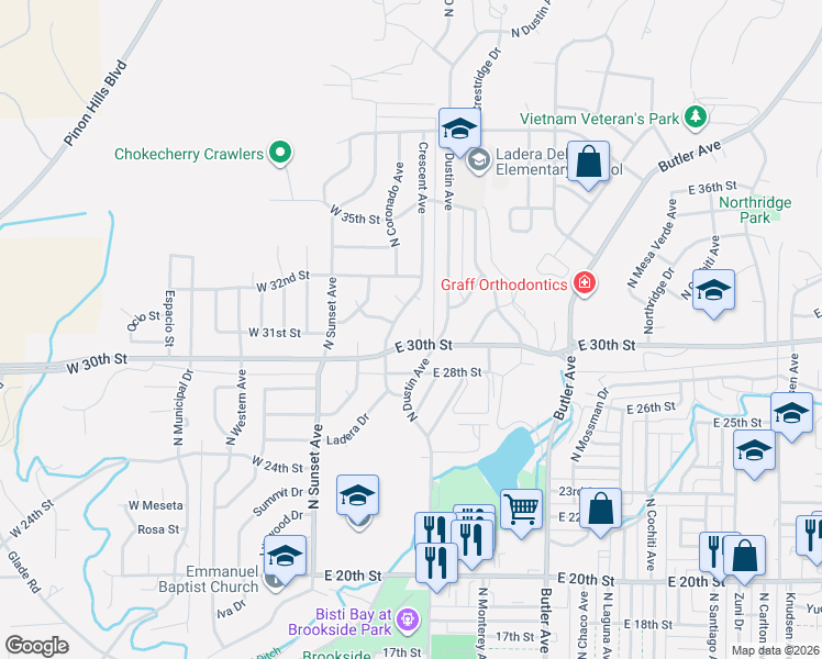 map of restaurants, bars, coffee shops, grocery stores, and more near 3000-3002 Vista Circle in Farmington