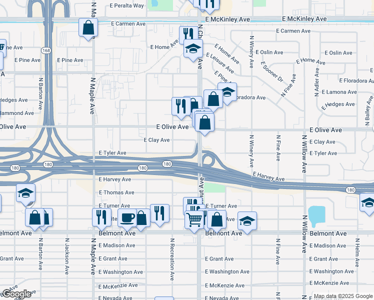 map of restaurants, bars, coffee shops, grocery stores, and more near 4777 East Tyler Avenue in Fresno
