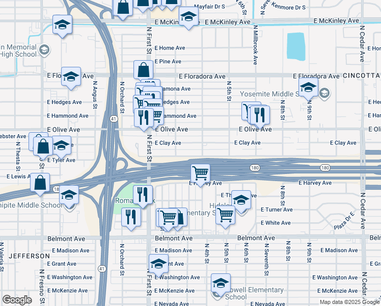 map of restaurants, bars, coffee shops, grocery stores, and more near 3303 East Tyler Avenue in Fresno