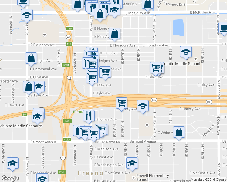 map of restaurants, bars, coffee shops, grocery stores, and more near 3303 East Tyler Avenue in Fresno