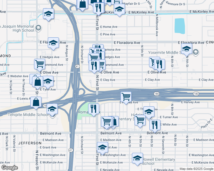 map of restaurants, bars, coffee shops, grocery stores, and more near 3223 East Tyler Avenue in Fresno