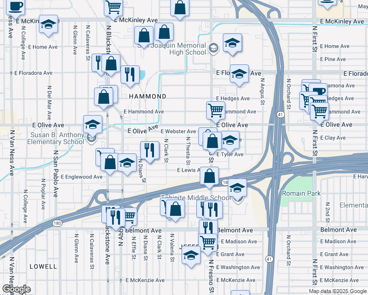 map of restaurants, bars, coffee shops, grocery stores, and more near 2270 East Clay Avenue in Fresno