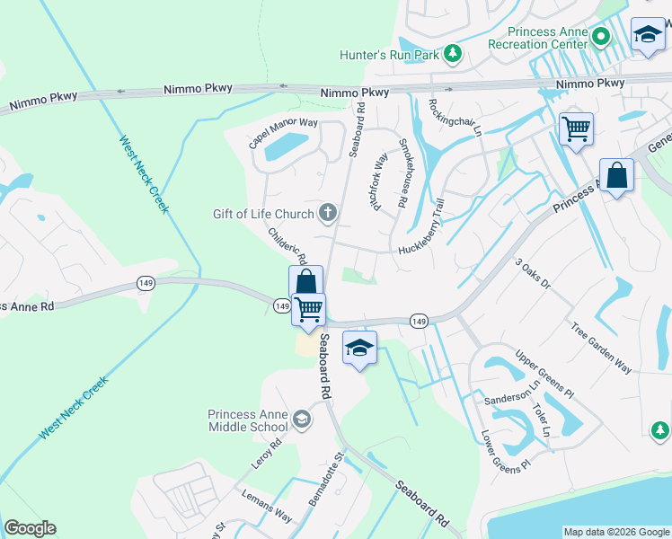 map of restaurants, bars, coffee shops, grocery stores, and more near 2364 Seaboard Road in Virginia Beach